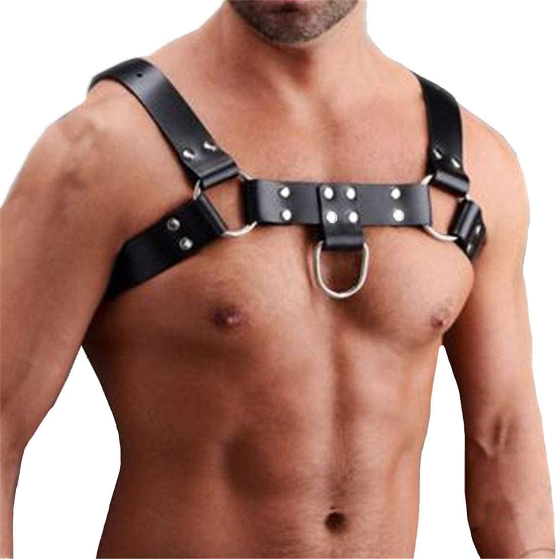 Men's PU Leather Body Chest Harness - Adjustable Buckle Costume (Black)