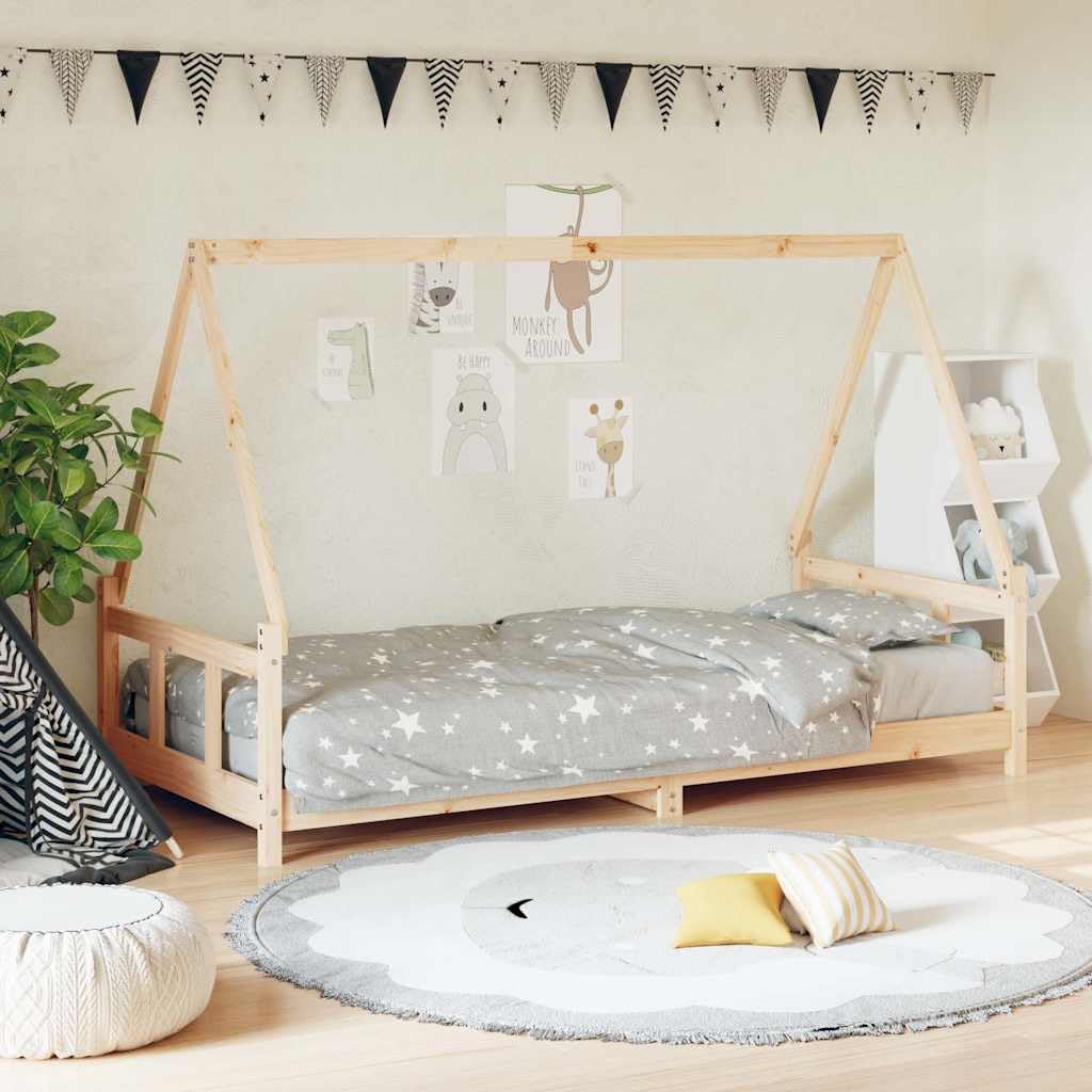 Cama infantil de 90 x 200 cm, madera maciza de pino, diseño con somier y protección contra caídas para habitaciones infantiles y bebés, cama junior estable con madera natural, adecuada a