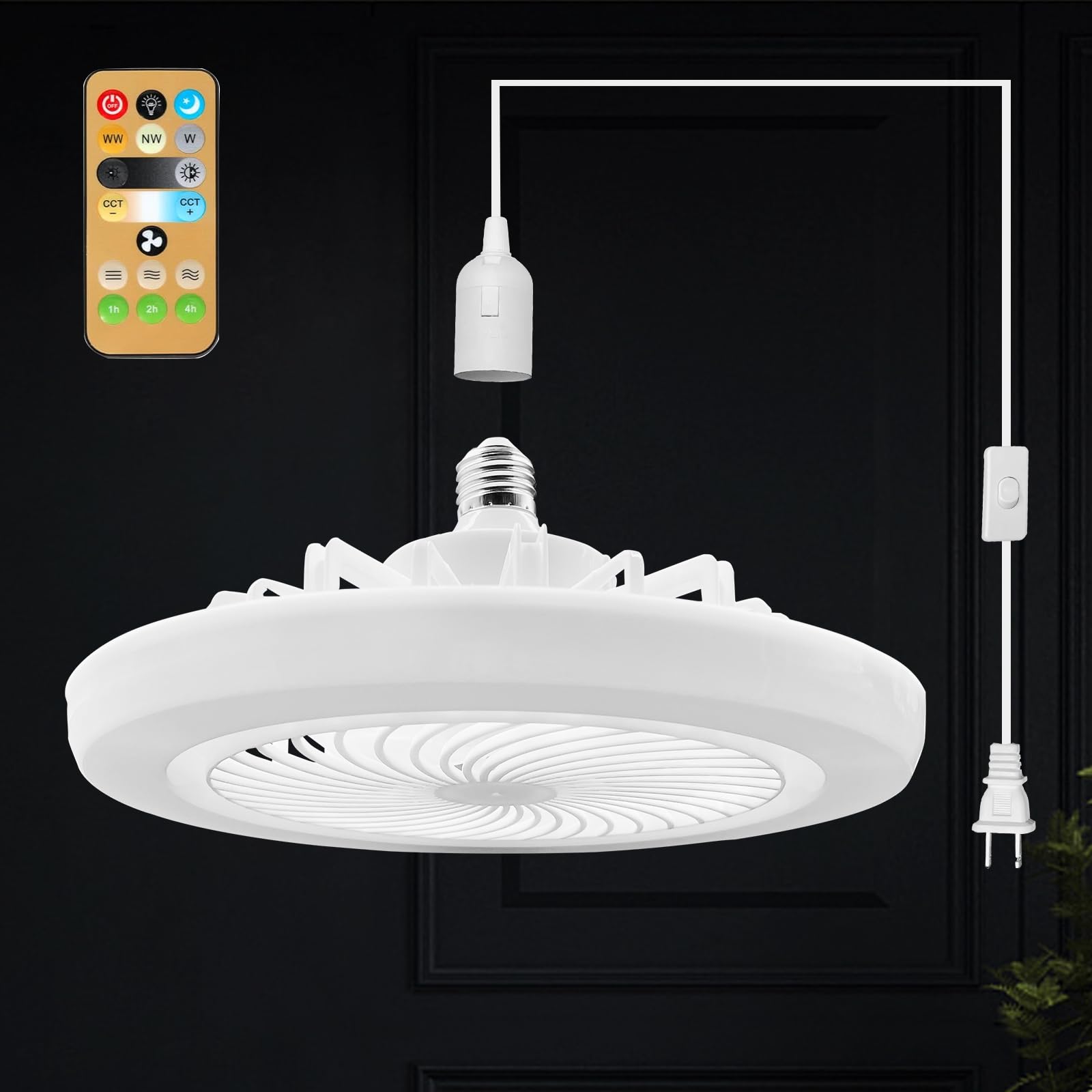 HOXIYA Plug in Ceiling Fan with Light with 19.68ft Long Plug Cord and Remote Control 30w E26 Socket Fan 110v Small Screw in Ceiling Fan in Light for Kids Room Bedroom Bathroom Garage Kitchen