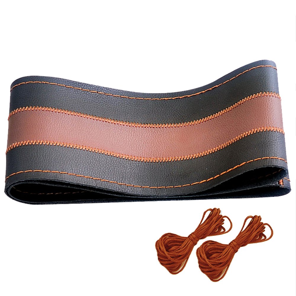 XfayHX506 Stitching color Steering Covers，HX-506 Universal DIY Hand Sewing Car Steering Wheel Cover Microfiber Leather Protector Cover Style with Needles and Thread(Size L 40CM,Coffee + black)