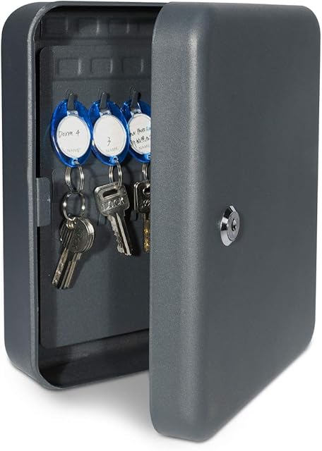 Navaris Key Cabinet for 48 Keys - Wall Mounted Key Box with Hooks to Hang Fobs, Rings, Tags - Locking Metal Safe with Space for Labels - Anthracite