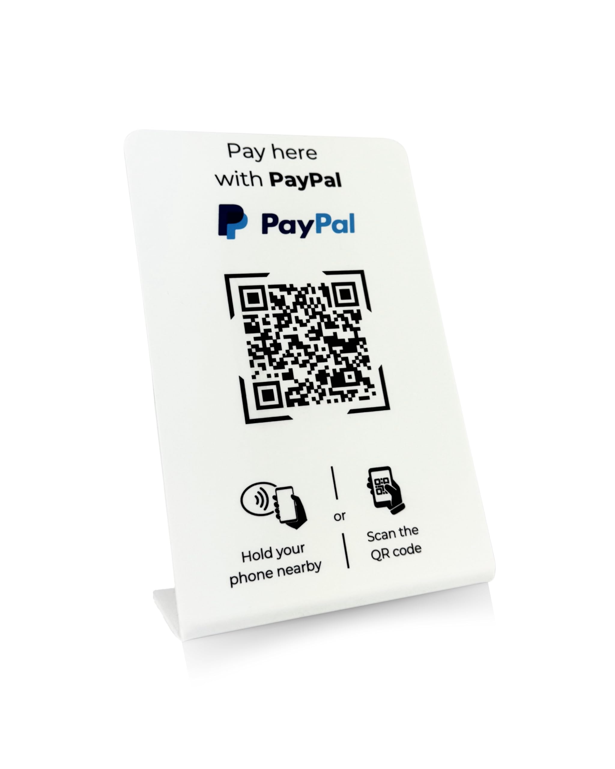 Aufsteller für PayPal-Zahlung mit QR-Code und NFC-Chip (Englisch) 16,5 x 10,5 cm - weiß