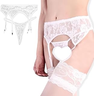 Ormromra Women\'s Sheer Floral Lace Lingerie, Sexy Lingerie Set with G-string, Stretchy Suspender Garter Belt, with 4 Wide Adjustable Straps, White Lace Garter, One Size