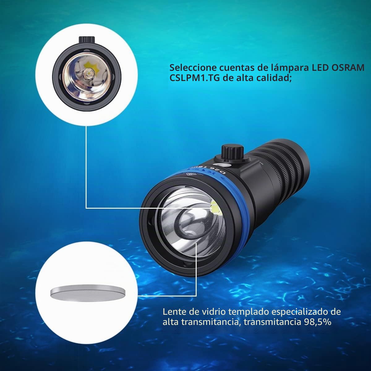 XTAR Linterna de buceo D26 1600S de 1600 lúmenes, luz de buceo, 4 modos IPX8, luces submarinas, para exploración al aire libre, deportes acuáticos (no incluye batería)