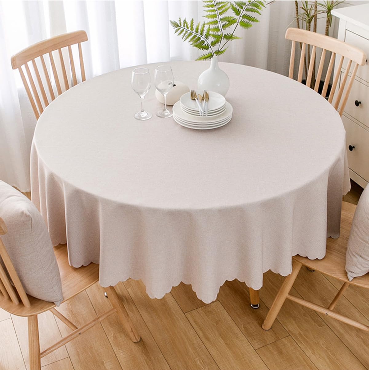 Mantel Redondo antiincrustante de algodón y Lino，para mesas, mesas de café, Balcones y Jardines，Caqui Diámetro 220 cm