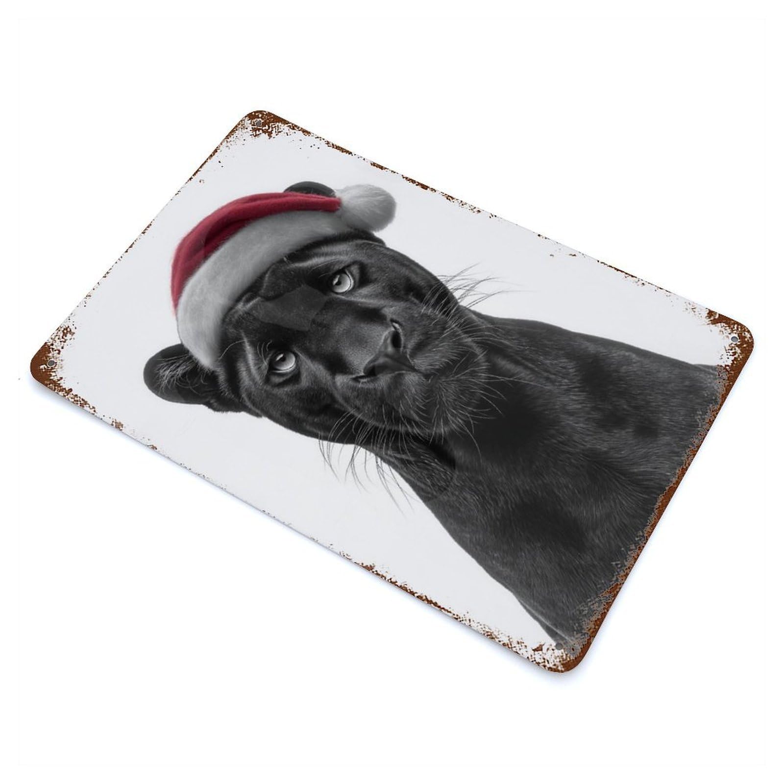 Black Panther with Santa Hat Vintage Metal Tin Sign 11.8"x7.9", Industrial Home Decor for Garage, Pub Or Kitchen