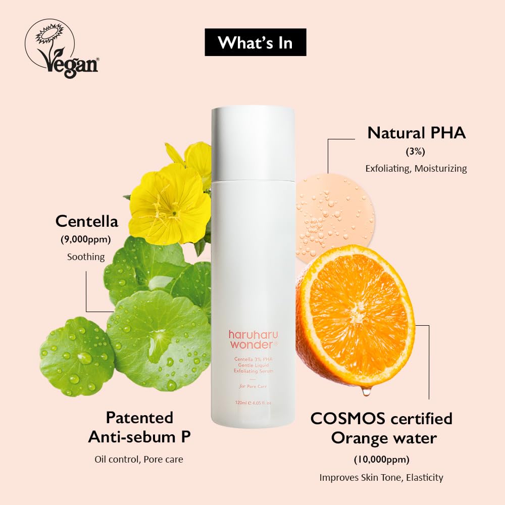 Haruharu Wonder | Centella 3% PHA Sérum Exfoliant Liquide Doux 4.06 fl oz / 120ml | Serum exfoliant | Produit hypoallergénique avec des PHA | Produit végétalien et sans cruauté animale | EWG Green