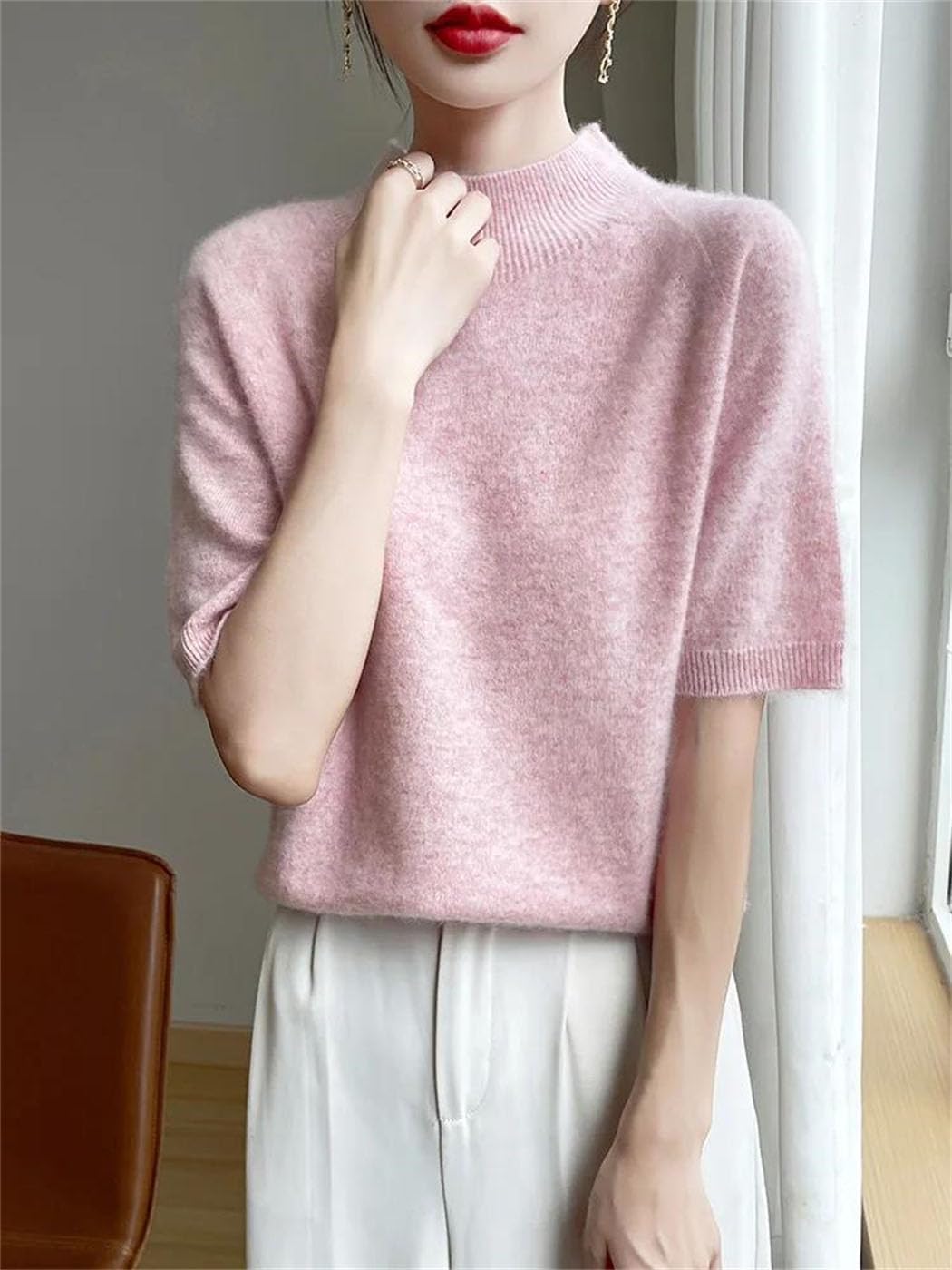 Women's Short Sleeve Mock Neck Sweater Wool Knit Top Basic Pullover Casual Tee for Summer Clothing