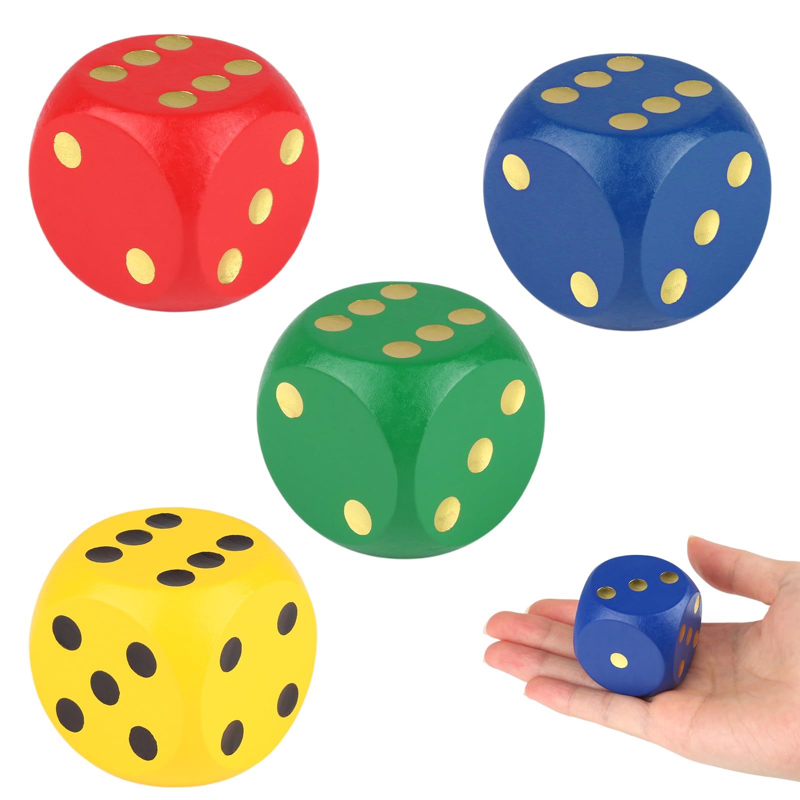 4 Large Wooden Round Edge Dice Set in Red, Green, Blue, Yellow for Family and School Games