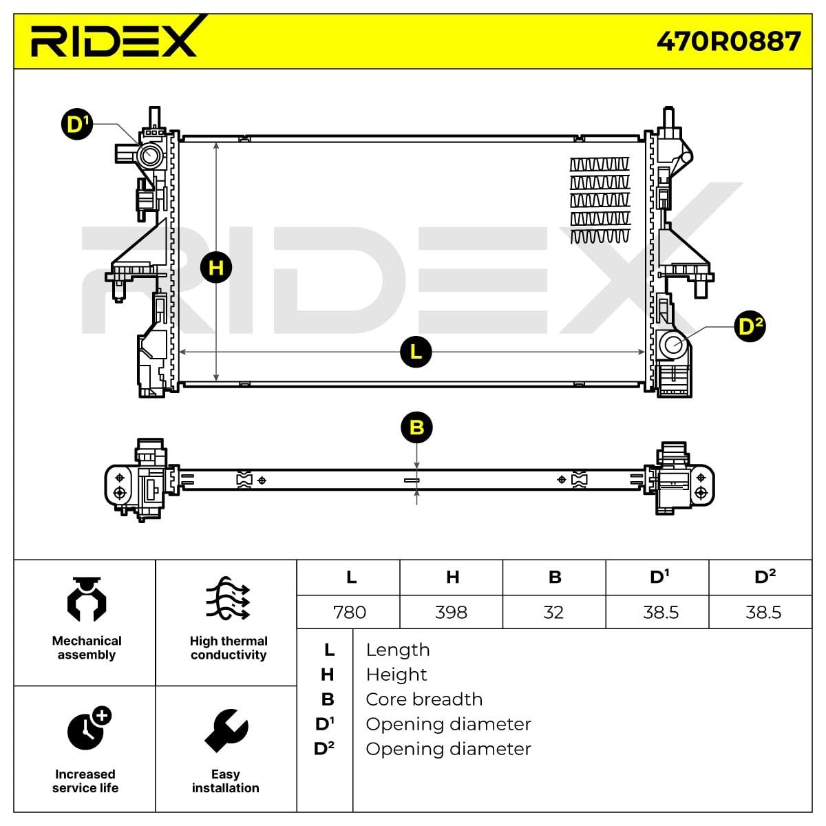 RIDEX 470R0887 Radiador refrigeración del motor sin grapa/pinza Compatible con PEUGEOT BOXER Furgón