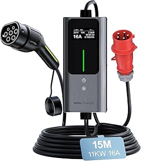 Mobile Wallbox 11kW Typ 2 Ladekabel mit CEE Stecker, 15 Meter | 6-16A | 11kW | 3-Phasig | IP65 Wasserdicht, Tragbares EV Ladegerät für IEC 62196-2 Leistung einstellbar, Zeit einstellen