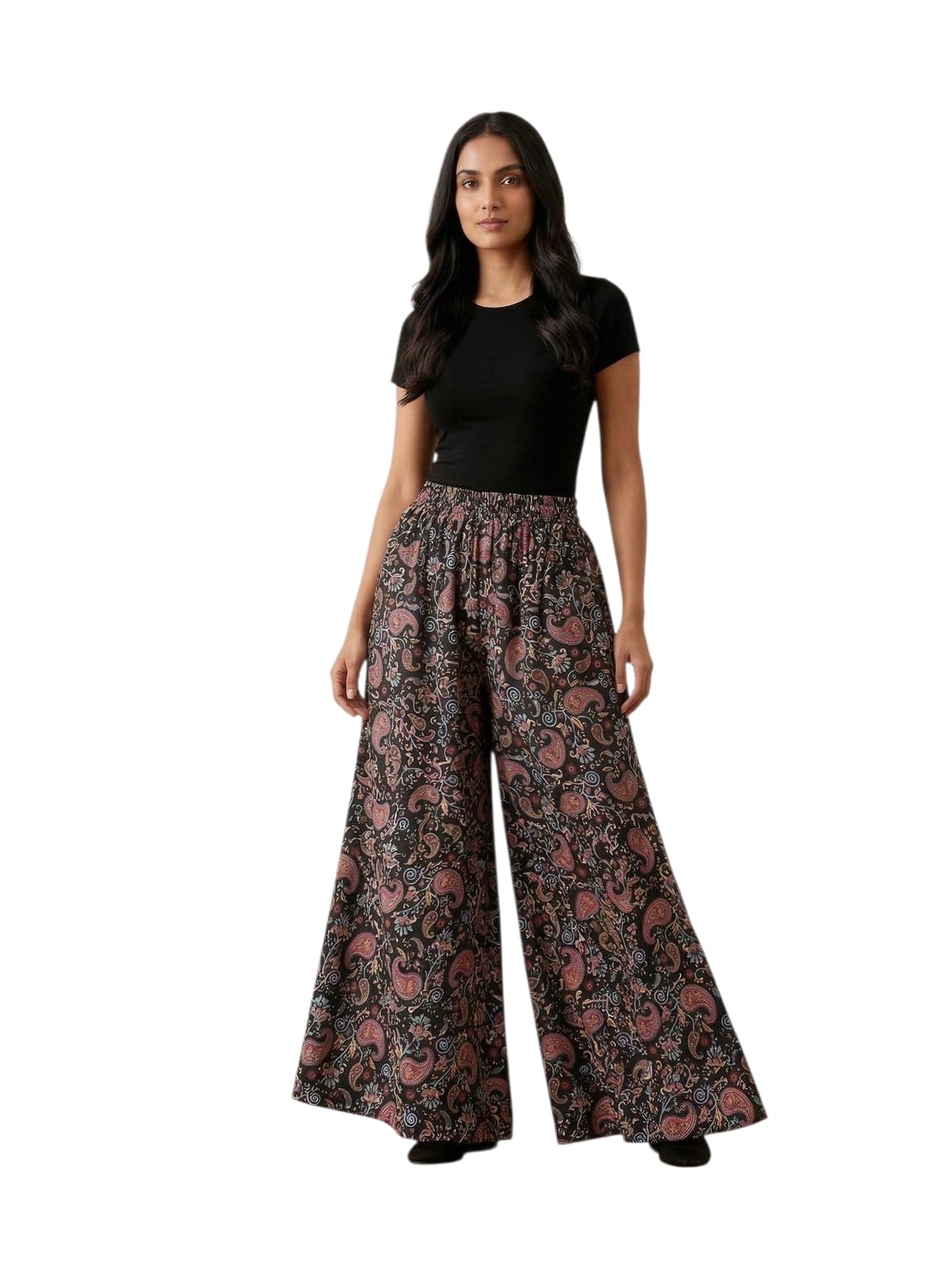 Black Flared Viscose Rayon Printed Palazzo Pant for Women Loose/Relaxed Fit Regular, Casual Wear Ethnic Bottoms(Trousers) Wide Leg Full Length | L Size-picture-20