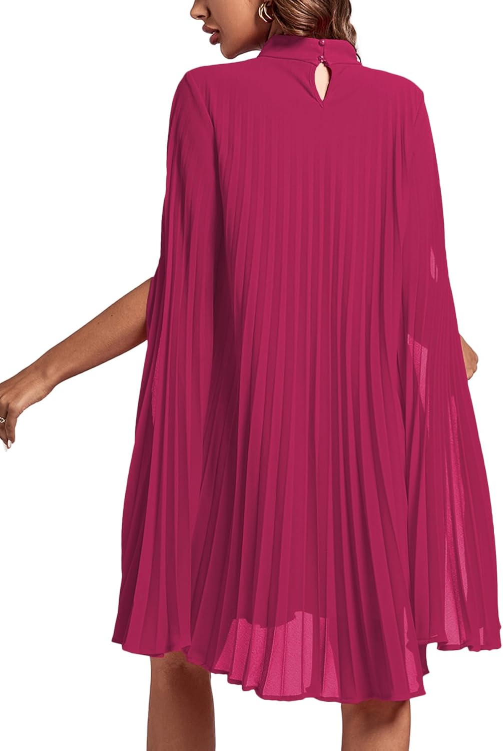 Rooscier Women's Pleated Mock Neck Cloak Sleeve Flowy Keyhole Back Party Midi Dress Solid Rose Large - Image 2