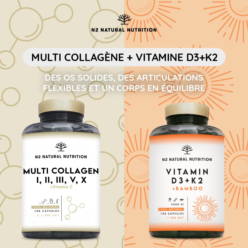 Multi Collagène Marin et Bovin 1650mg. 180 Gélules. Peptide de Collagene Hydrolysé Type 1, 2, 3, 5, 10. Complexe Collagene pour la Peau, Articulations et Cheveux + Vitamine C. N2 Natural Nutrition
