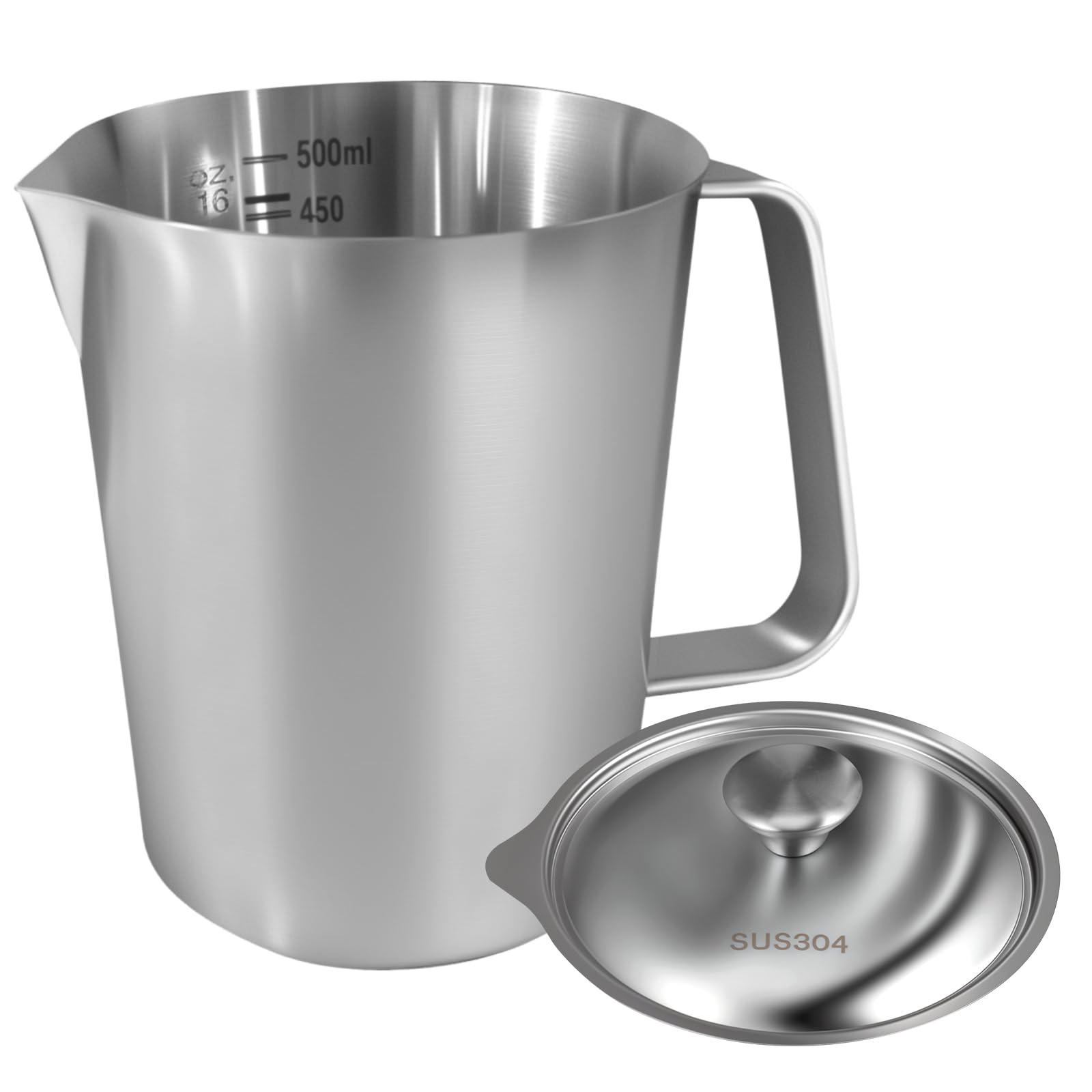 Milk Frothing Pitcher 500ML Stainless Steel Milk Jug with Handle and Lid Rust Proof Large Mouth Metal Graduated Beaker with Clear Marking Barista Accessories for Making Cappuccino Latte Espresso