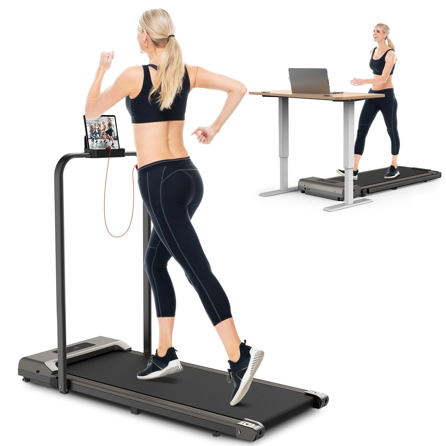 bigzzia Motorised Treadmill, Under Desk Treadmill Portable Walking Running Pad Flat Slim Machine with Remote Control and LCD Display, Installation-Free (Grey handrail), standard