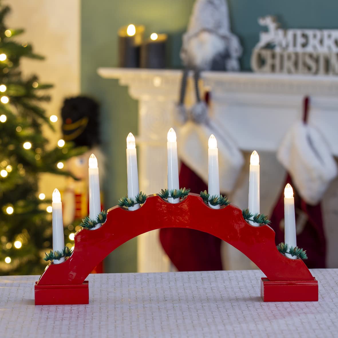 The Christmas Workshop Red 71189 Arched Wooden Candle Bridge / 7 Warm White Leds/Indoor Christmas Decoration / 44Cm X 27Cm X 4.5Cm / Battery Operated