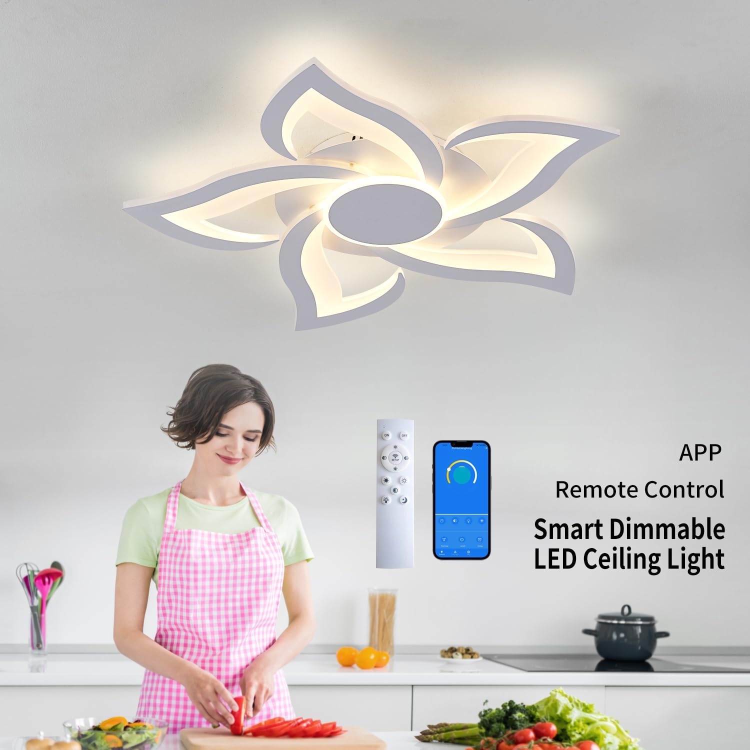 LED Ceiling Light with Remote, Modern Flush Mount Ceiling Light Fixtures, White 24" Flower Close to Ceiling Light Fixtures, 3000K-6000K Dimmable Ceiling Lamp for Bedroom, Kitchen, Dining room