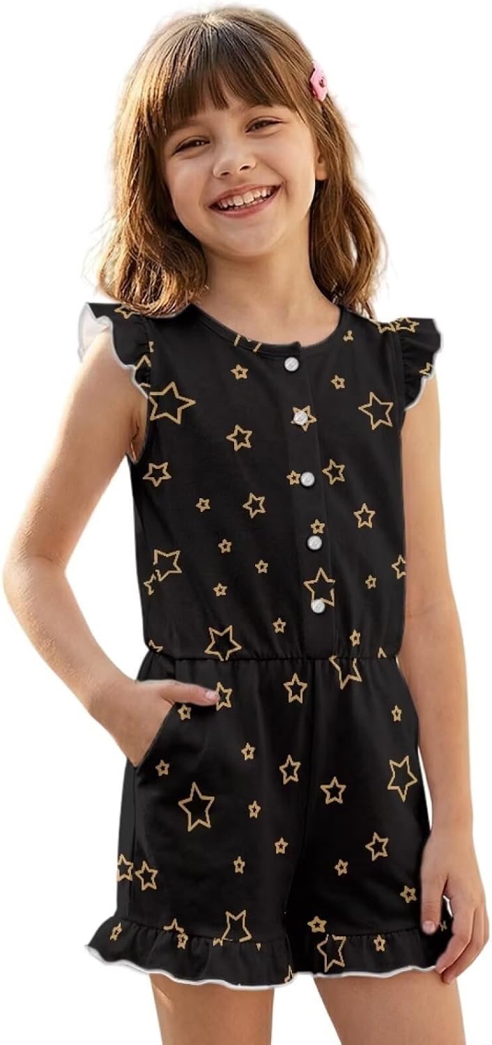 Girls Summer Jumpsuit Kids Button Flutter Sleeves Playsuit Short Elastic Waist Casual Romper Outfit for 5-14 Years