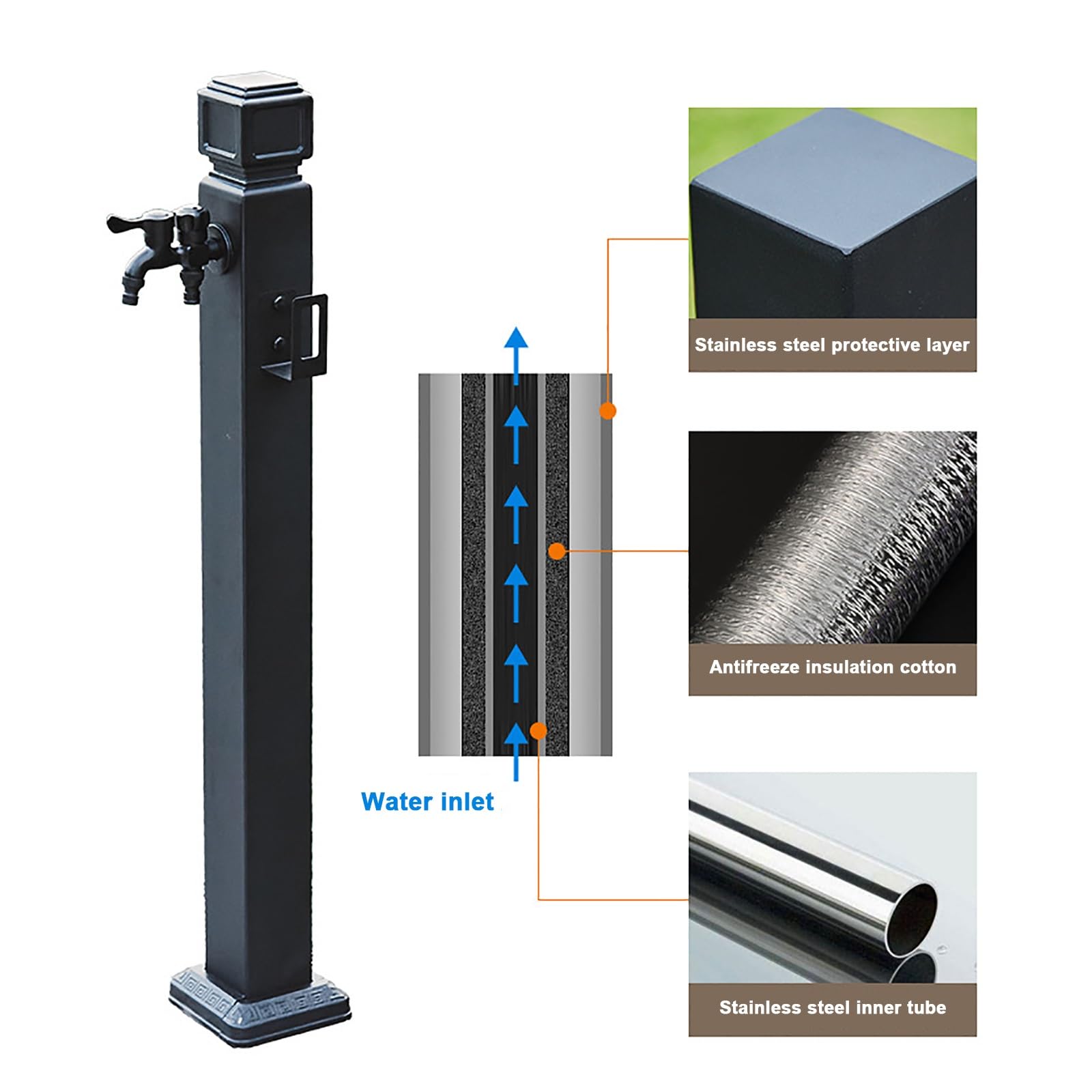 Rubinetto per Acqua da Giardino in Acciaio Inossidabile, Porta Tubo da Giardino, Fontanella da Giardino con Rubinetto Ottone e Pistola a Spruzzo, Adatto per Lavaggio Auto e Irrigazione(8*8*95cm/3.1*3.