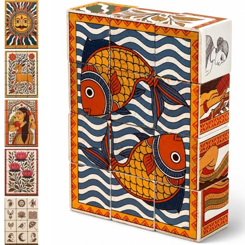 Image of 3D Wooden Toys for Kids 3-8 Yrs | 6 Puzzles in 1 Toy + 30 Activities | 12 Natual Wooden Puzzles for Kids with Activity Book | Indian Folk Art Wooden Blocks | Madhubani Theme