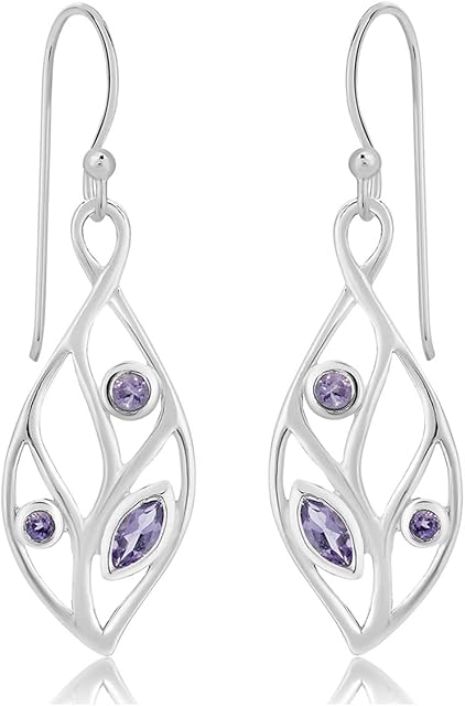 DTPsilver® 925 Sterling Silver Drop/Dangle Hooks Earrings - Cut Out Leaf Design - Various Natural Gemstones