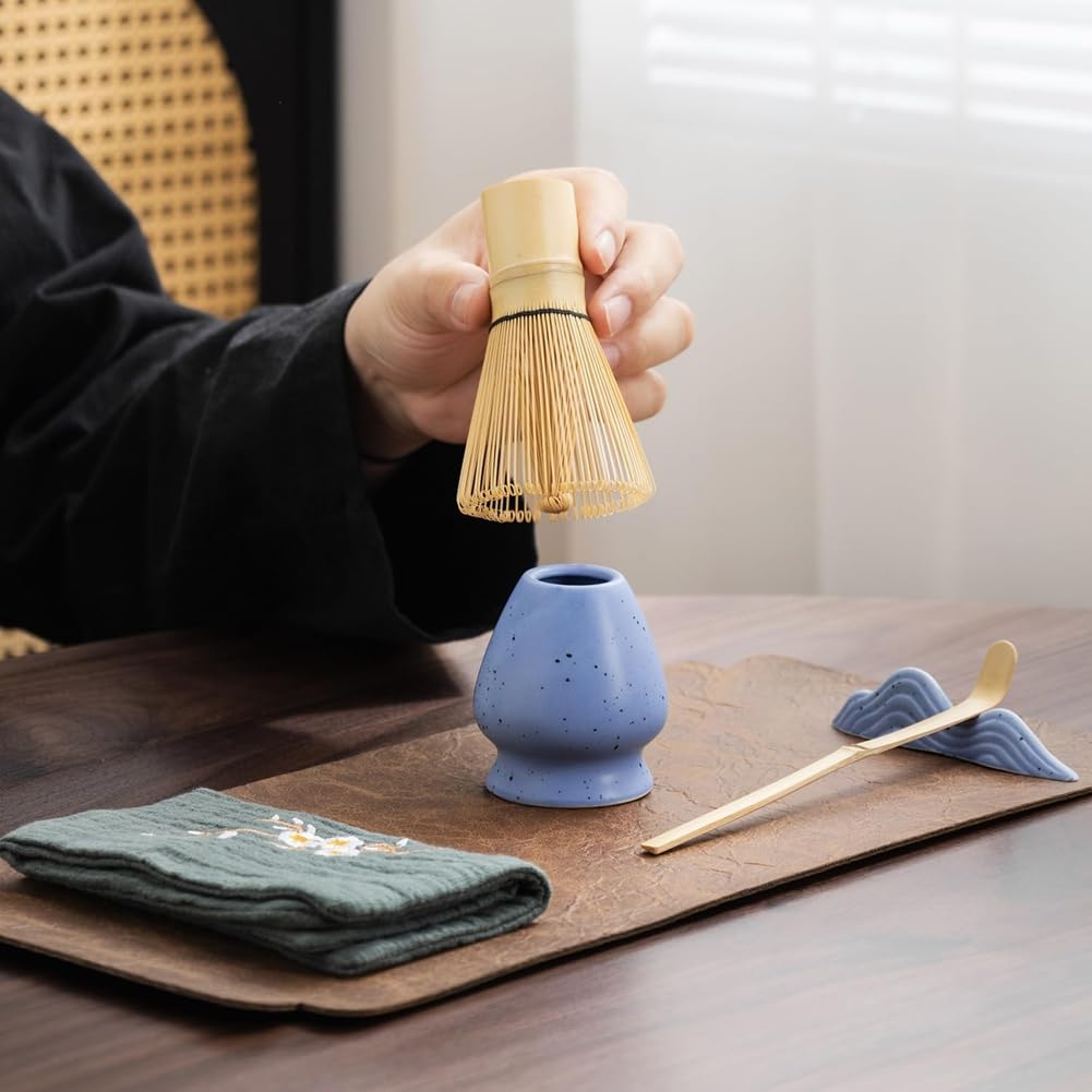Juego de té matcha japonés de 7 piezas, kit de matcha con cuenco de matcha (con boquilla de vertido), batidor de matcha, soporte para batidor, colador