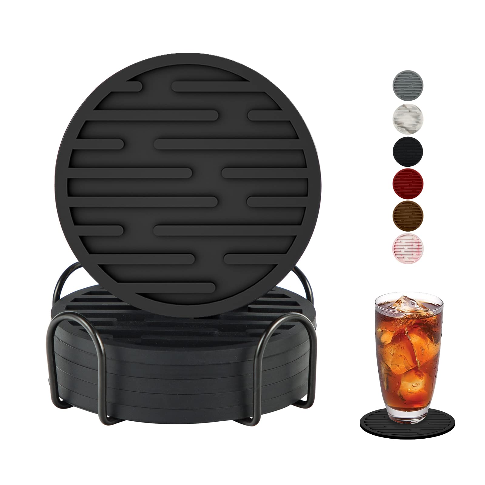 Drink Coasters for Drinks Absorbent with Holder, White Elephant Gifts, Cup Coasters Black Silicone Coaster Set of 6 for Bar, Wooden Table, Non-Slip, Coffee Table Decor Black