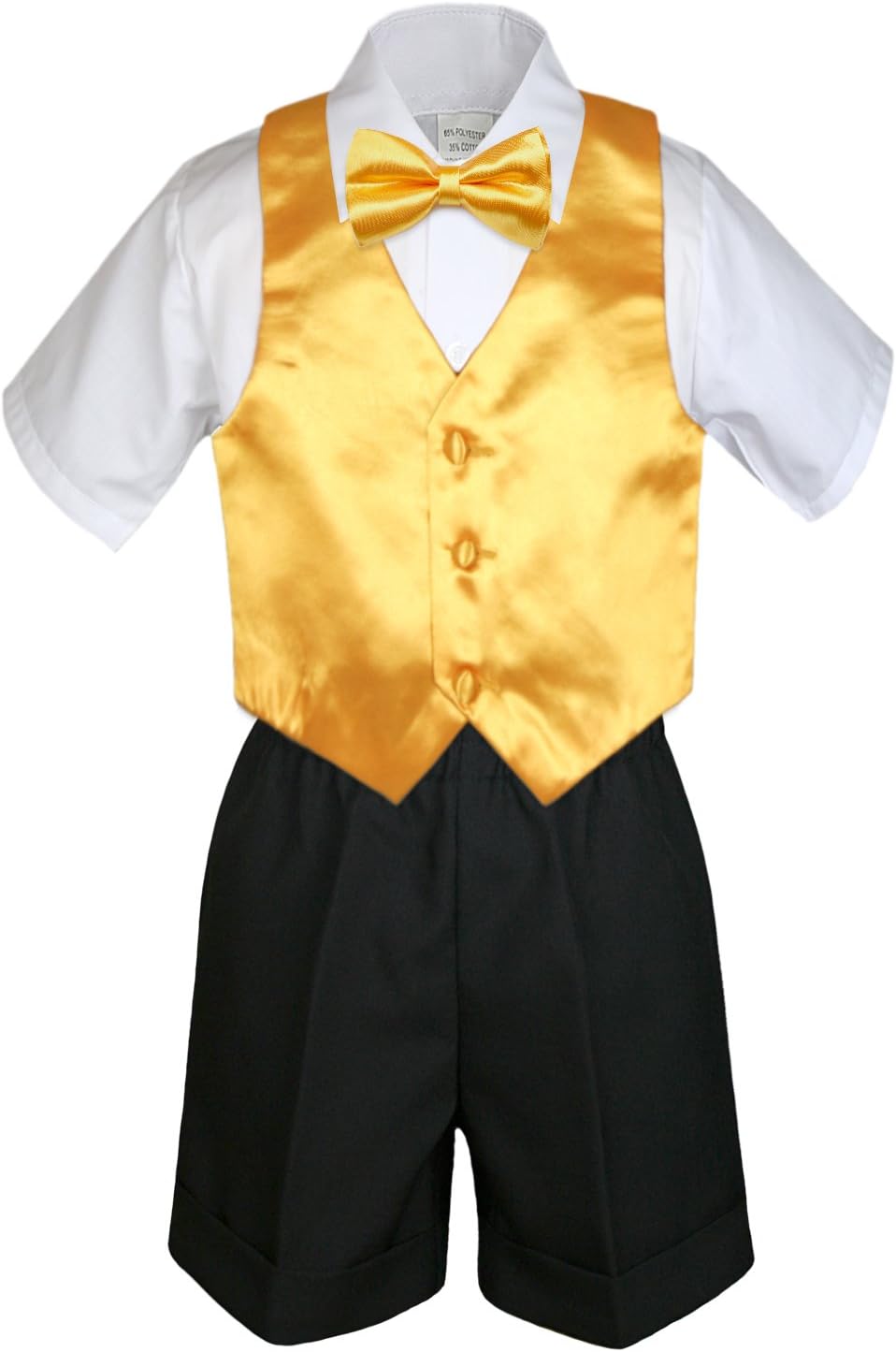 7pc Baby Boy Black Formal Shorts Check Suits Extra Vest Bow Tie Sets S-4T (4T, Yellow)