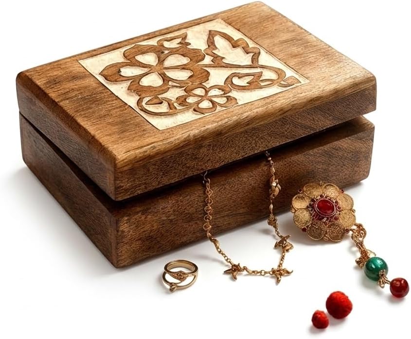 Hand Carved Wooden Jewelry Keepsake Trinket Storage Box Organizer Holder with Celtic carving and whitewash finish Handmade Box for Girl Women