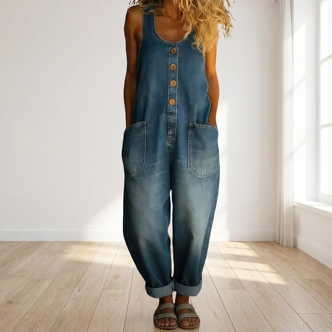 2026 Neu Jeans Jumpsuit Damen, Latzhose Jeans Damen, Damens Latzhose Sommer, Latzhosen Damens, Knopfdesign & Verstellbare Träger, Loose Fit, Atmungsaktiv, Angenehm Tragen, Langlebig