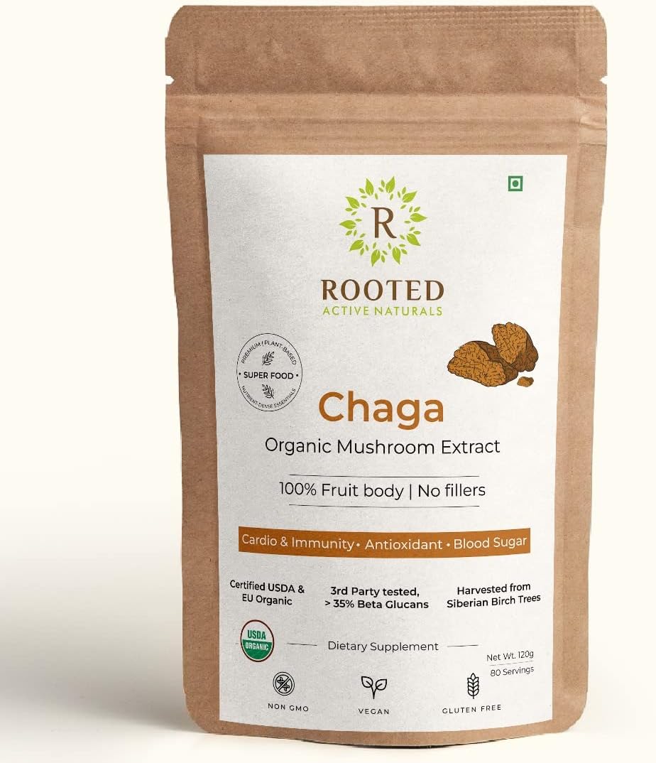 Rooted Actives Siberian Chaga Mushroom Capsules (120Gm) | Blood Sugar, Heart & Immunity | Usda Organic | 35% Beta Glucans | Certified Organic Siberian