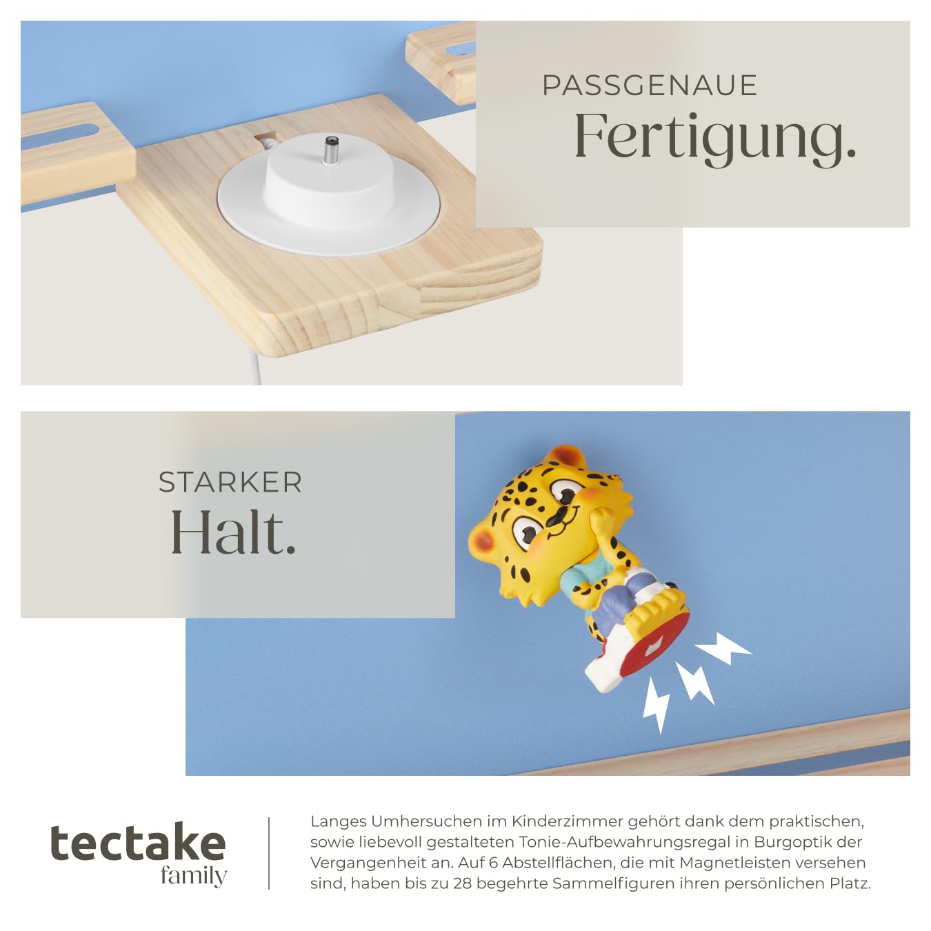 tectake® Holz Regal mit Magnetstreifen für Wand Montage, Tonieregal, Wandregal für's Kinderzimmer, Aufbewahrung Musikbox, für Tonies Tonie Hörfiguren und Toniebox - blau