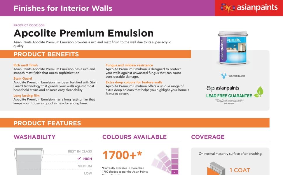 Image of Asian Paint Apcolite Premium Emulsion White Interior /Exterior Emulsion - Smooth Finish | Wide Colour Range, Washable | 4 Liter (White)
