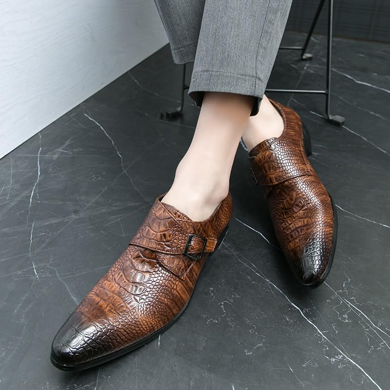 HOOENG Formal Shoes for Men Slip On Pointed Burnished Toe Faux Leather Crocodile Print Monk Strap Block Heel Slip Resistant Anti-Slip Outdoor(Color:Brown,Size:11)3
