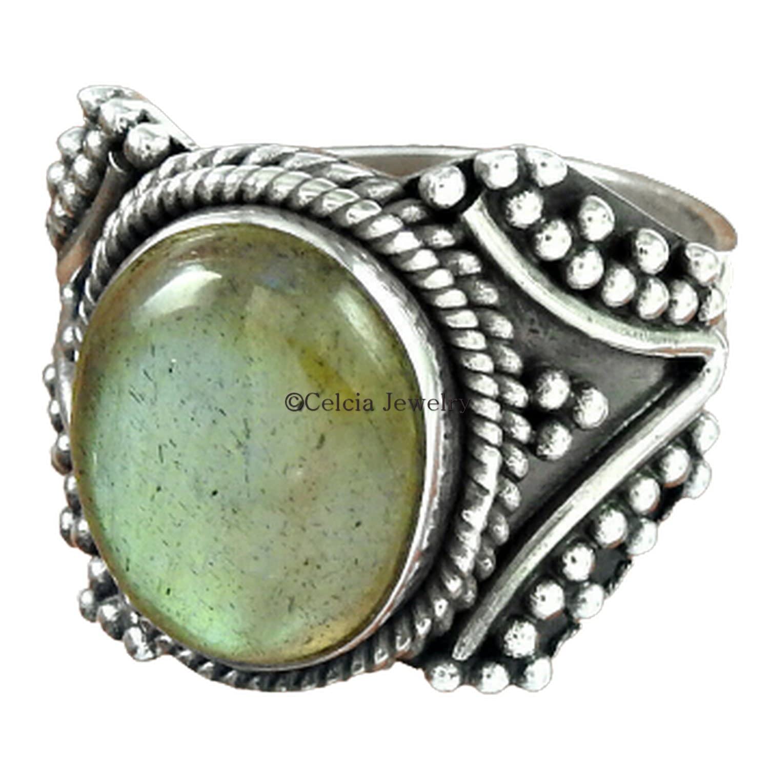 Labradorita natural Joyería hecha a mano unisex, anillo de declaración de plata de ley 925 sólida, anillo de promesa, anillo de boda para mujer, regalos del día de la madre, piedra natal de junio