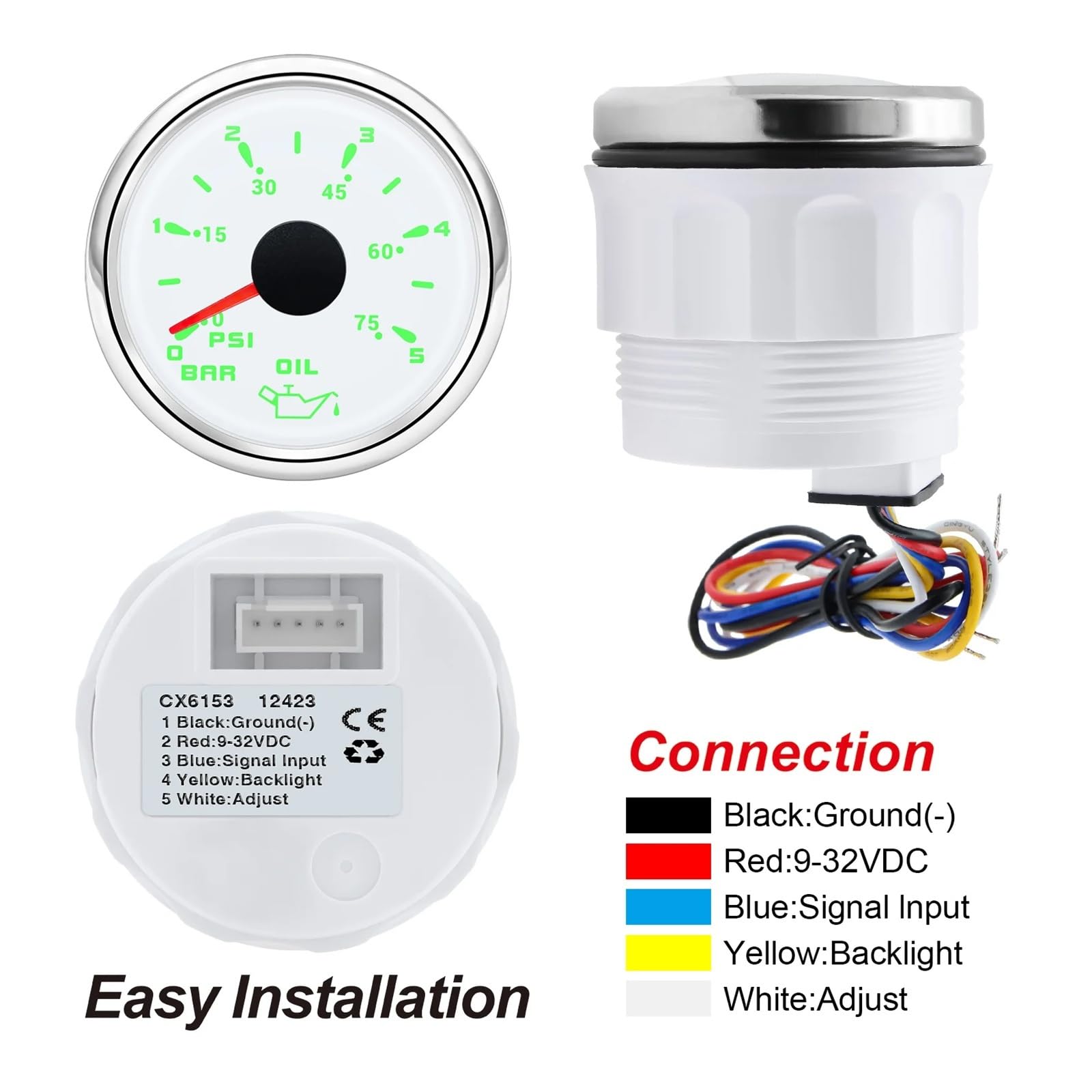 Jauge de pression d'huile + capteur, lumière 7 couleurs 52mm, indicateur de pression d'huile 5Bar/10Bar for voiture Yacht bateau 12V 24V Lectures claires(WS 0-10 Bar)