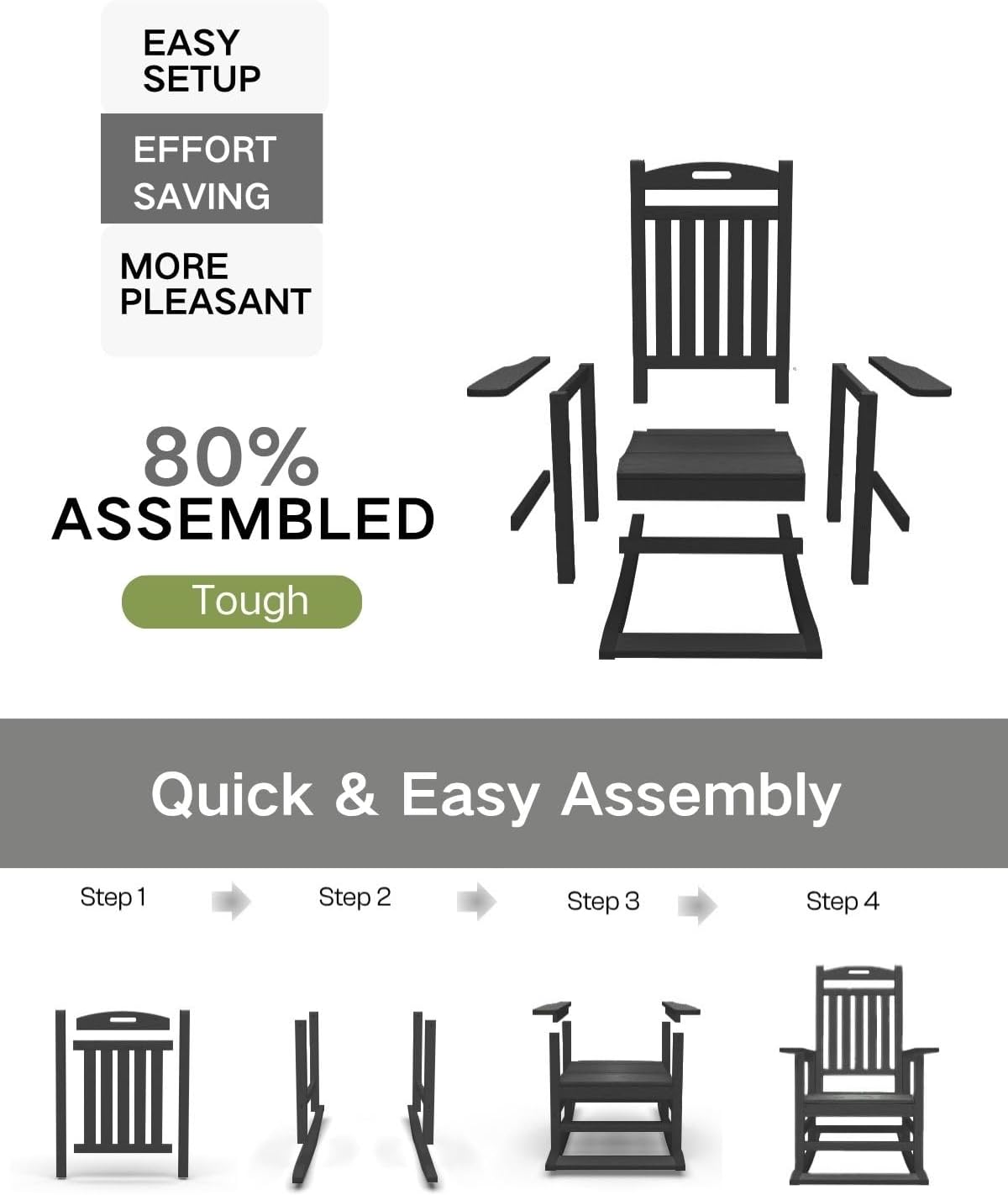 Kingdura Outdoor Rocking Chairs Set of 2, HDPE Plastic Patio Rocking Chair All-Weather Oversized Porch Rocker with High Back for Patio Outside Backyard Balcony (Black)