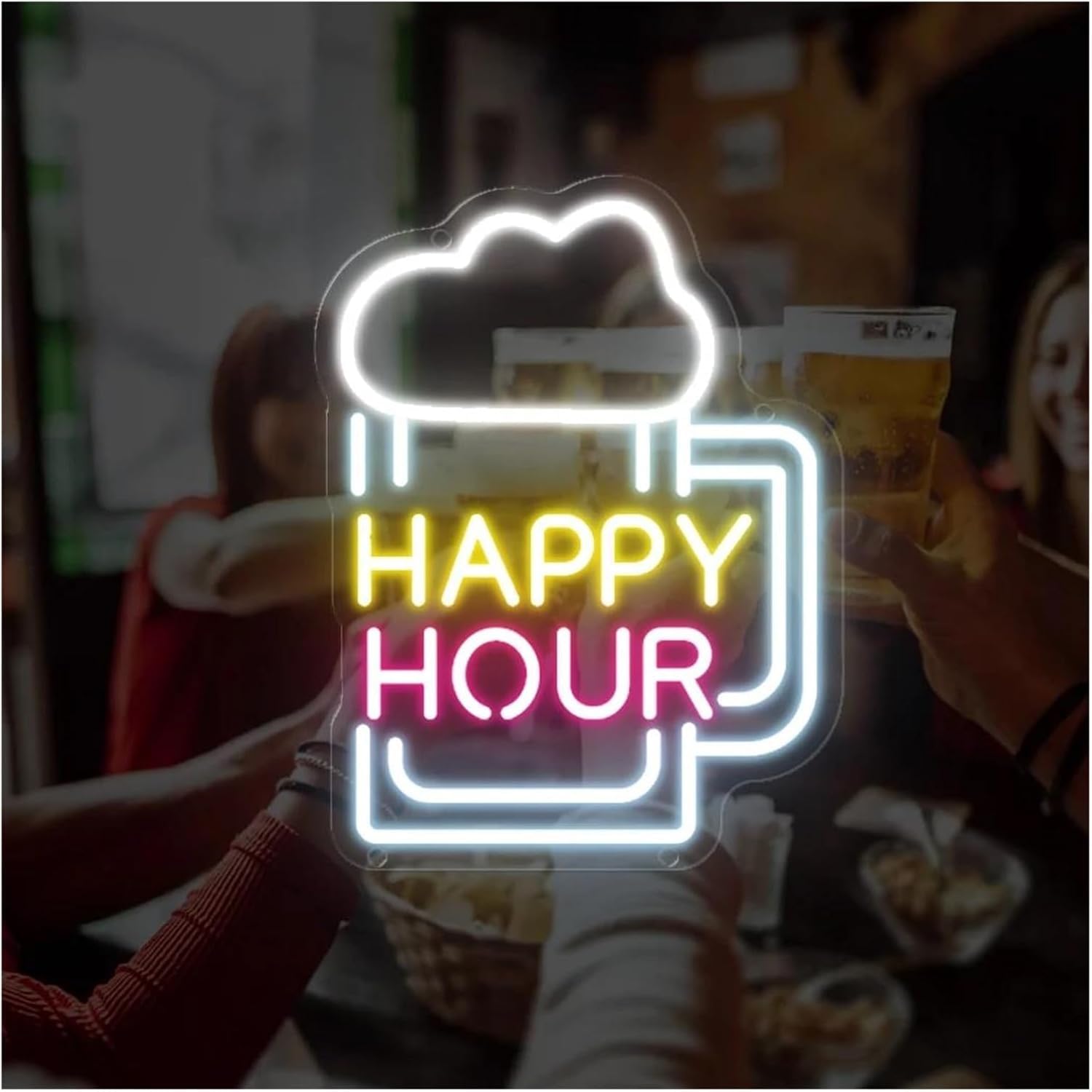 Insegna al neon con luci lettere Happy Hour dimmerabili per decorazioni murali per feste 24,3 cm x 32