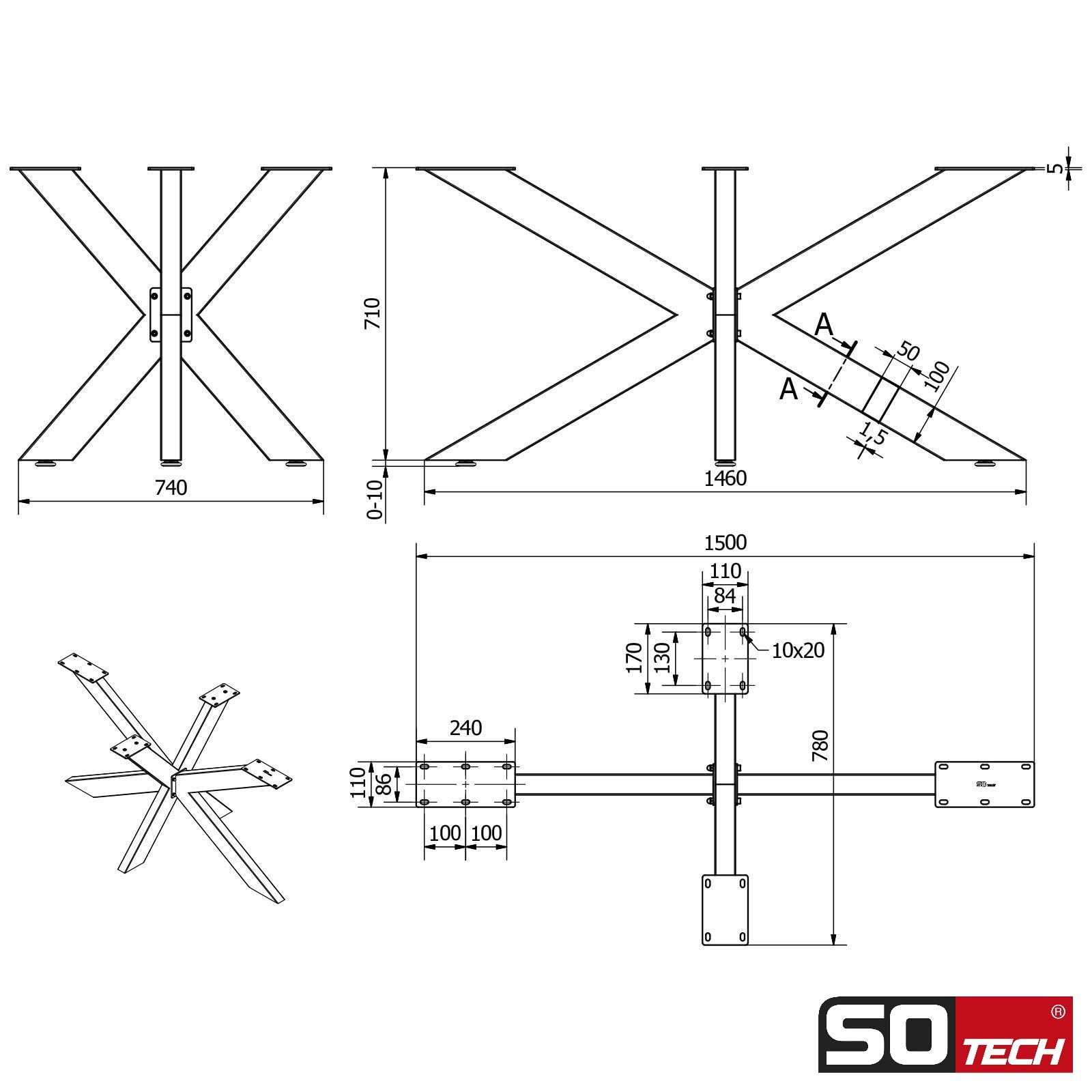 SOTECH Tischgestell Spider/Schwerlast Tisch-Beine aus echtem Edelstahl gebürstet / 710 x 1500 x 780 mm/bis 500 kg Belastbarkeit/Einfache Montage/Tisch-Kufen für DIY-Projekte Esstische
