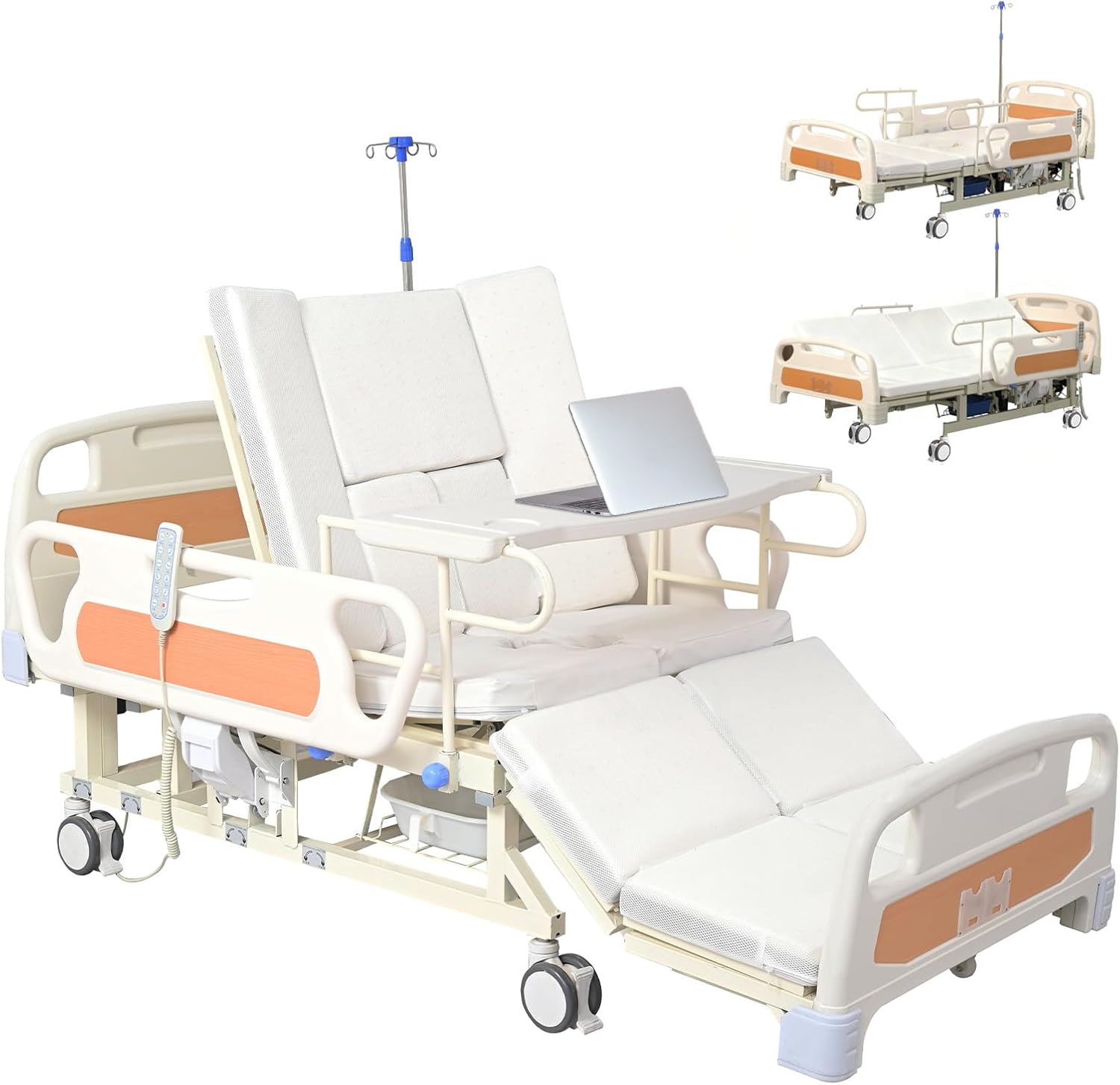 Premium 4 Function Full Electric Hospital Bed, Medical Bed with Lateral Tilting for Home Use, Adjustable Hospital Bed with Mattress, Locking Casters, IV Pole