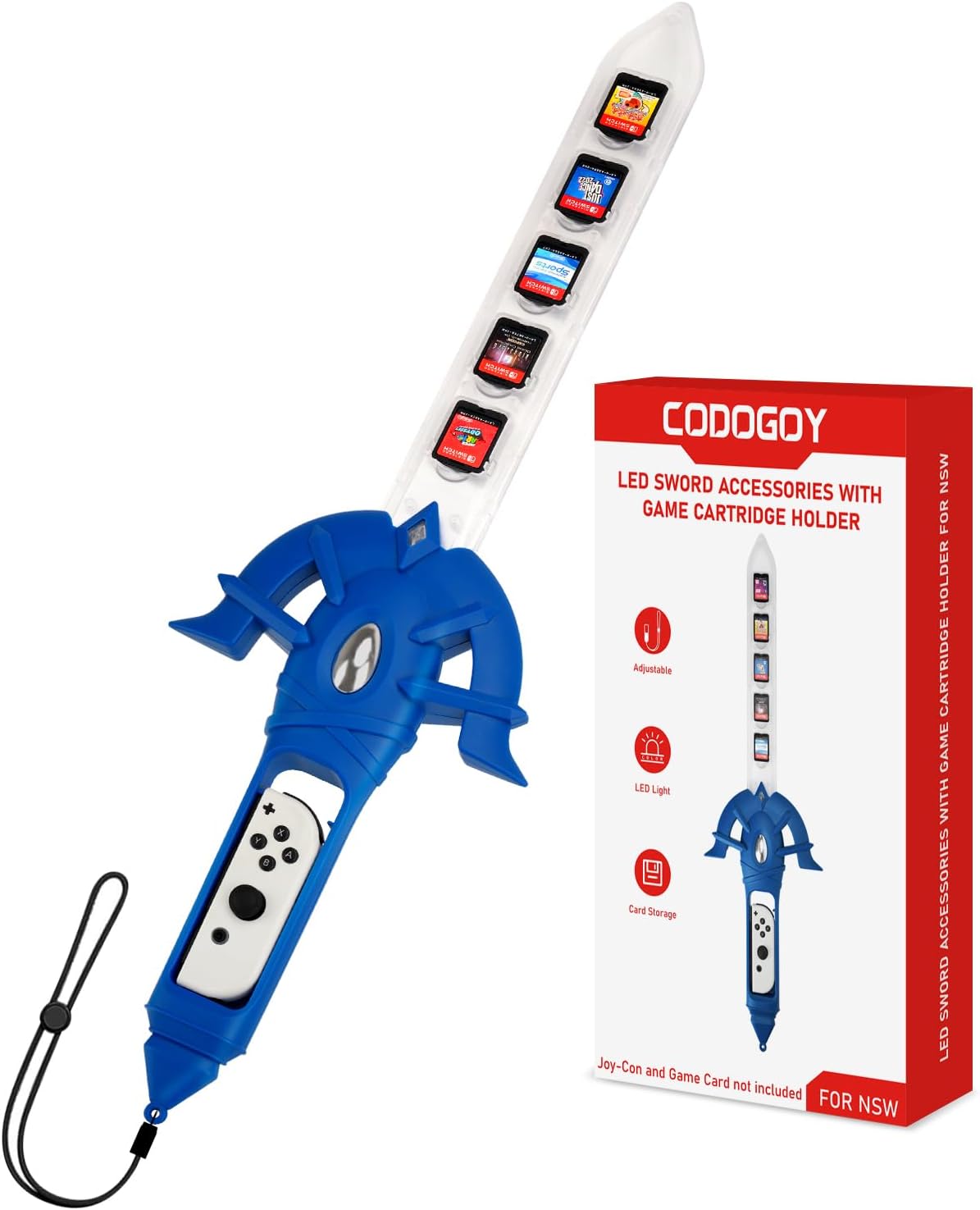 Switch Zelda Sword Accessory, CODOGOY LED Game Accessories Compatible with Switch Sports Chambara (Swordplay)/Legend of Zelda: Tears of the Kingdom/Skyward Sword HD, Game Card Storage Function(1 Pack)