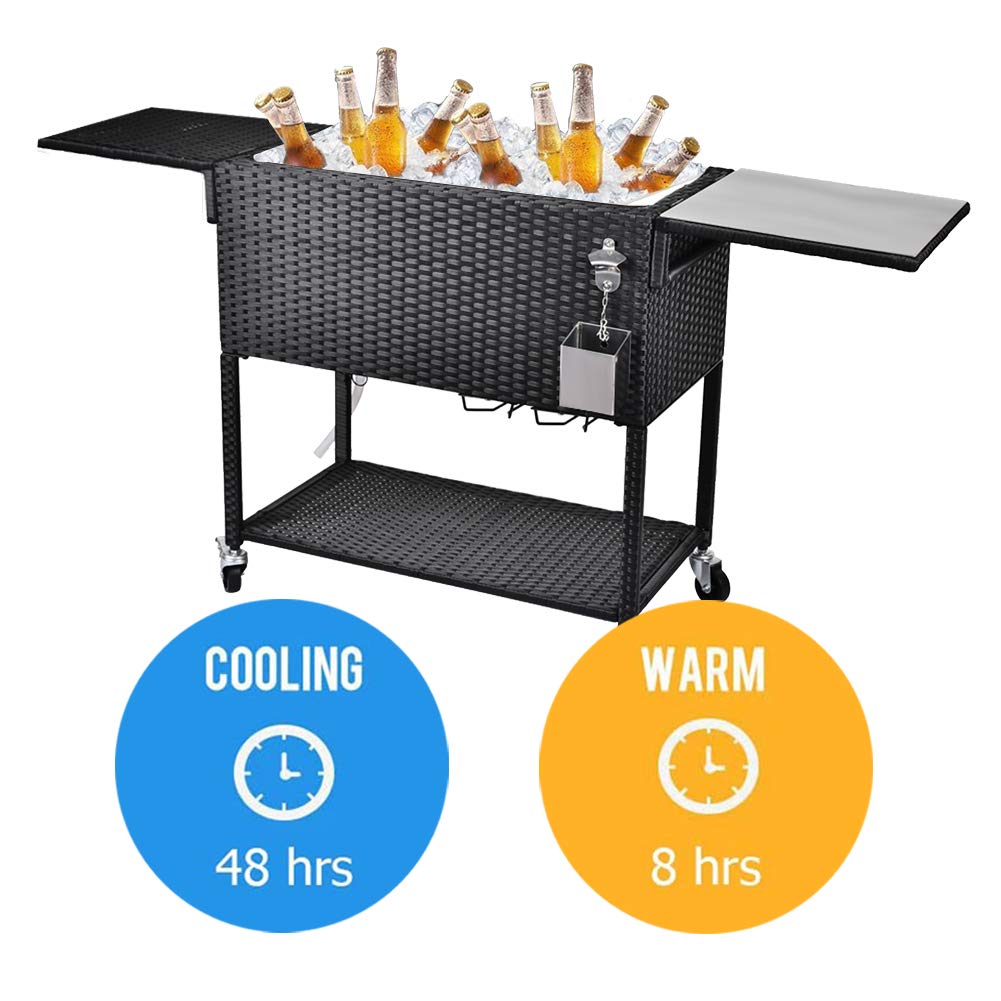 HOSFO 80 Quart Outdoor Rolling Patio Cooler Cart on Wheels, Portable Wicker Ice Chest, Rattan
