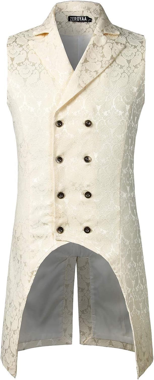 Parklees Men's Cream Victorian Steampunk Gothic Double-Breasted Waistcoat Brocade Jacquard Tailcoat Vest Uk-Pzlsv11 Small