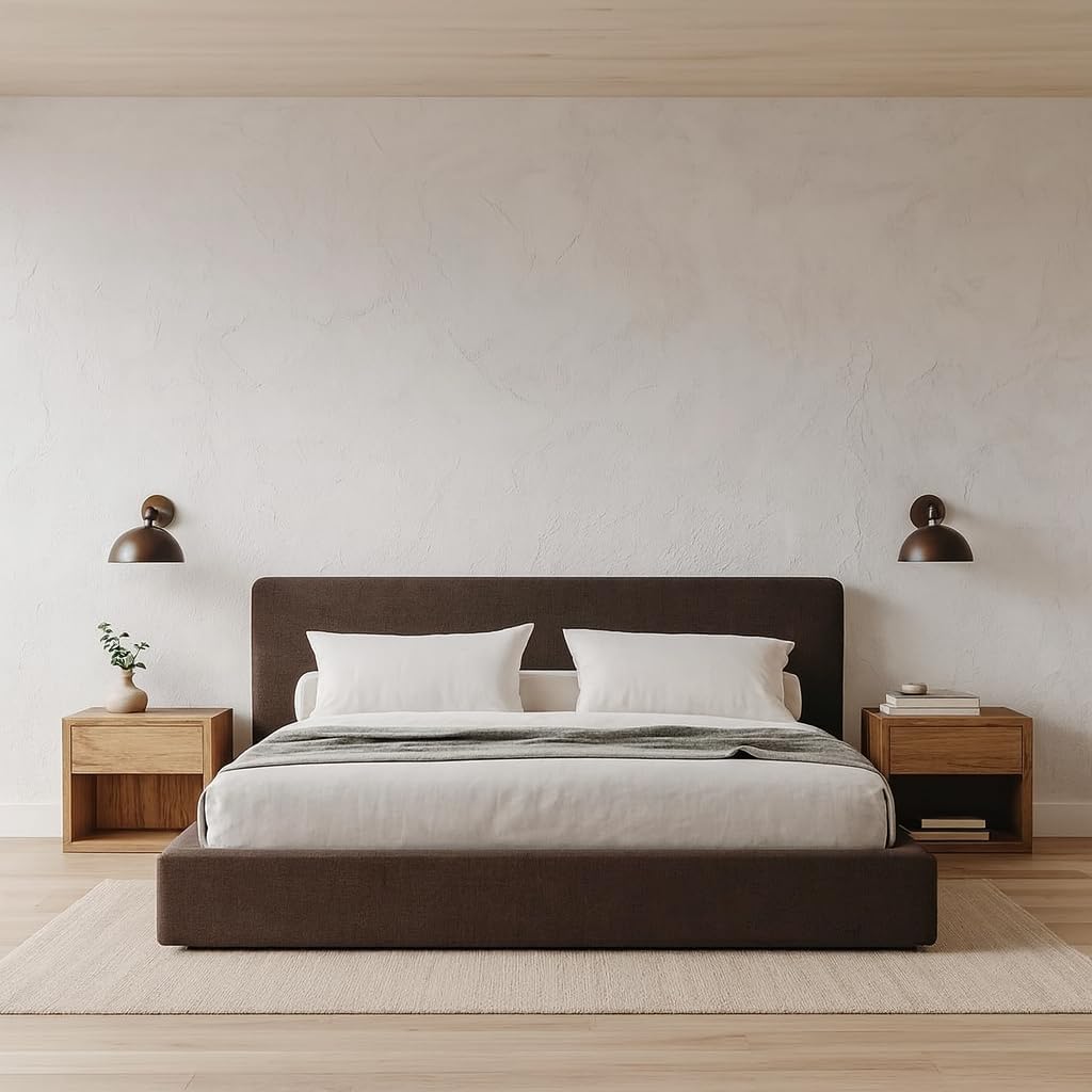 Square Bed – Washable Cover - Soft Upholstered Linen - Minimalist Modern - Sold Separately(Cream Boucle, Queen Base)