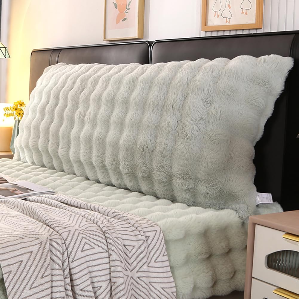 YOUGANG Fluffy Plush Headboard Reading Pillow Large Back Support Pillow,Faux Rabbit Velvet Waist Protection Pillow Comfy Backrest Pillow Cushion (Green,150x55x20cm)
