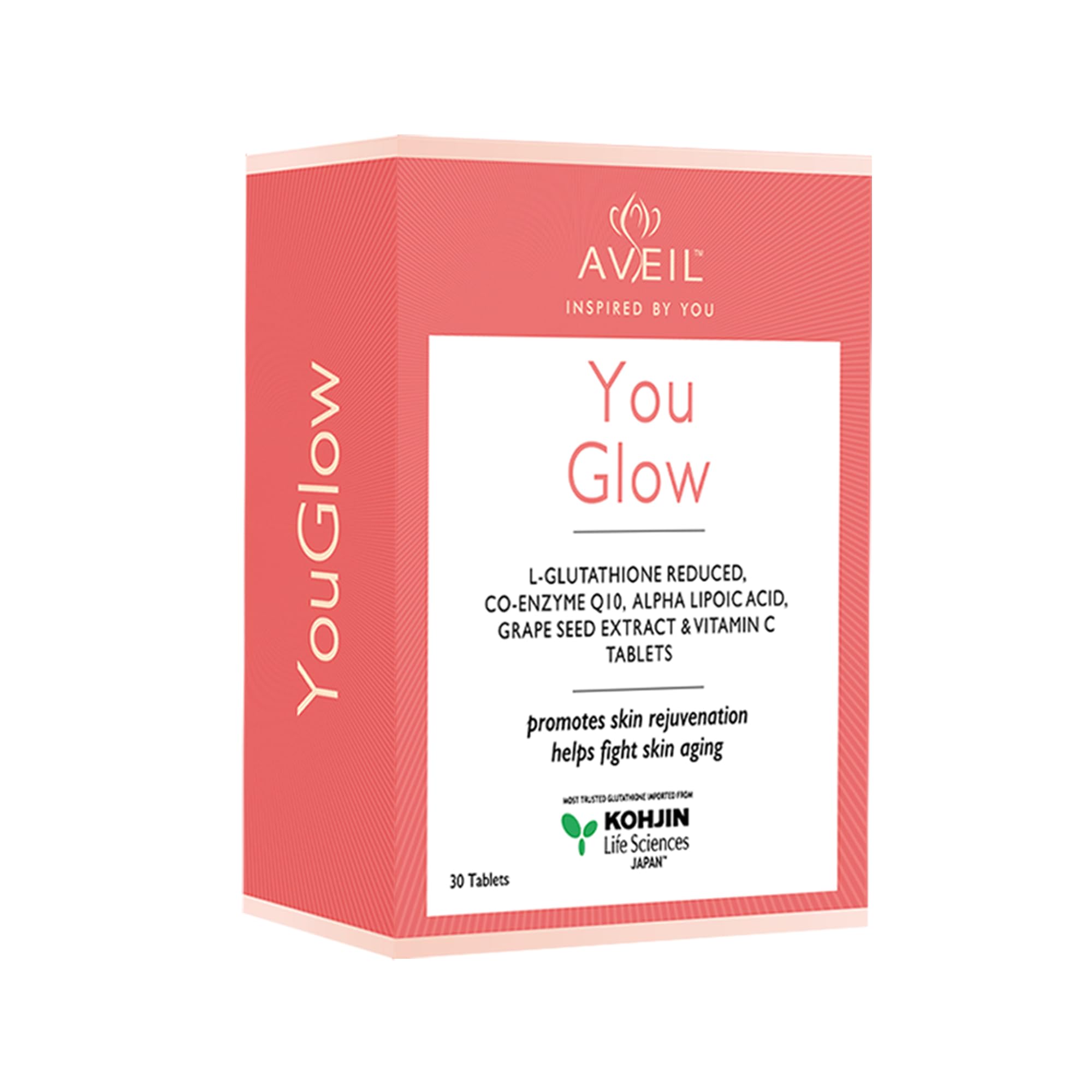 AVEIL YouGlow Glutathione and Vitamin C Skin Rejuvenating Tablet - 30 Tablets | L-Glutathione 500mg Tablets with CoQ10, Alpha Lipoic Acid, & Grape Seed Extract for Healthy & Radiant Skin | Sugar Free