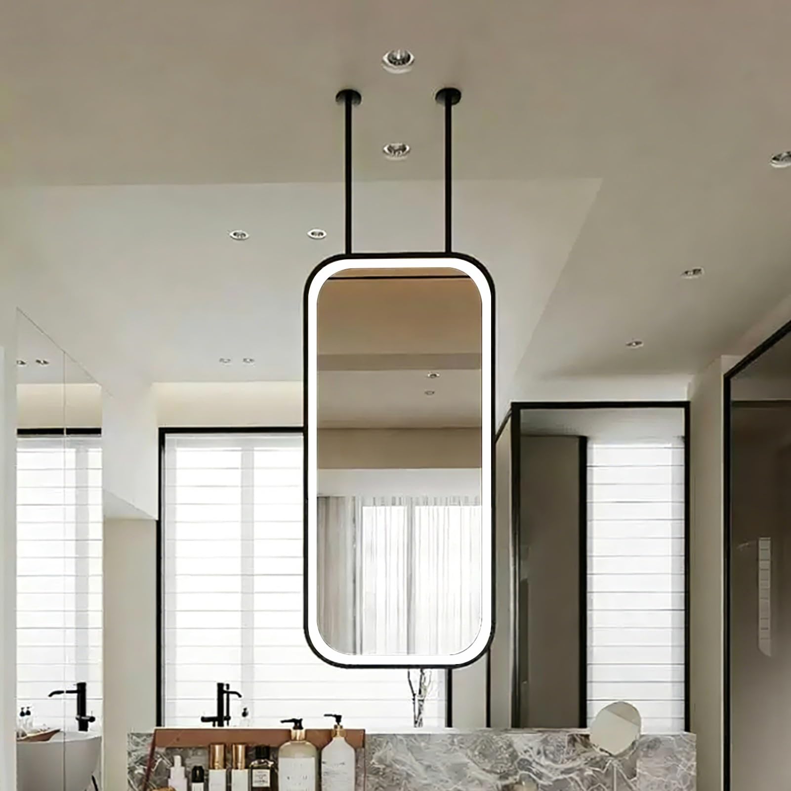 FGXHHS Ceiling Hanging Rod Rectangle Mirror LED Lighting ，Ceiling Suspended Mirrors Wall Vanity Makeup with 3 Colors Dimmable for Dressing Room，Living Room(40cmx60cm)