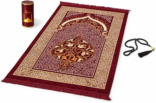 BML Prayer Mat Soft Polyester and Prayer Beads with Gift Box Namaz Sajjadah Musallah for Daily Salah Home Mosque and Eid Gift Dark Red
