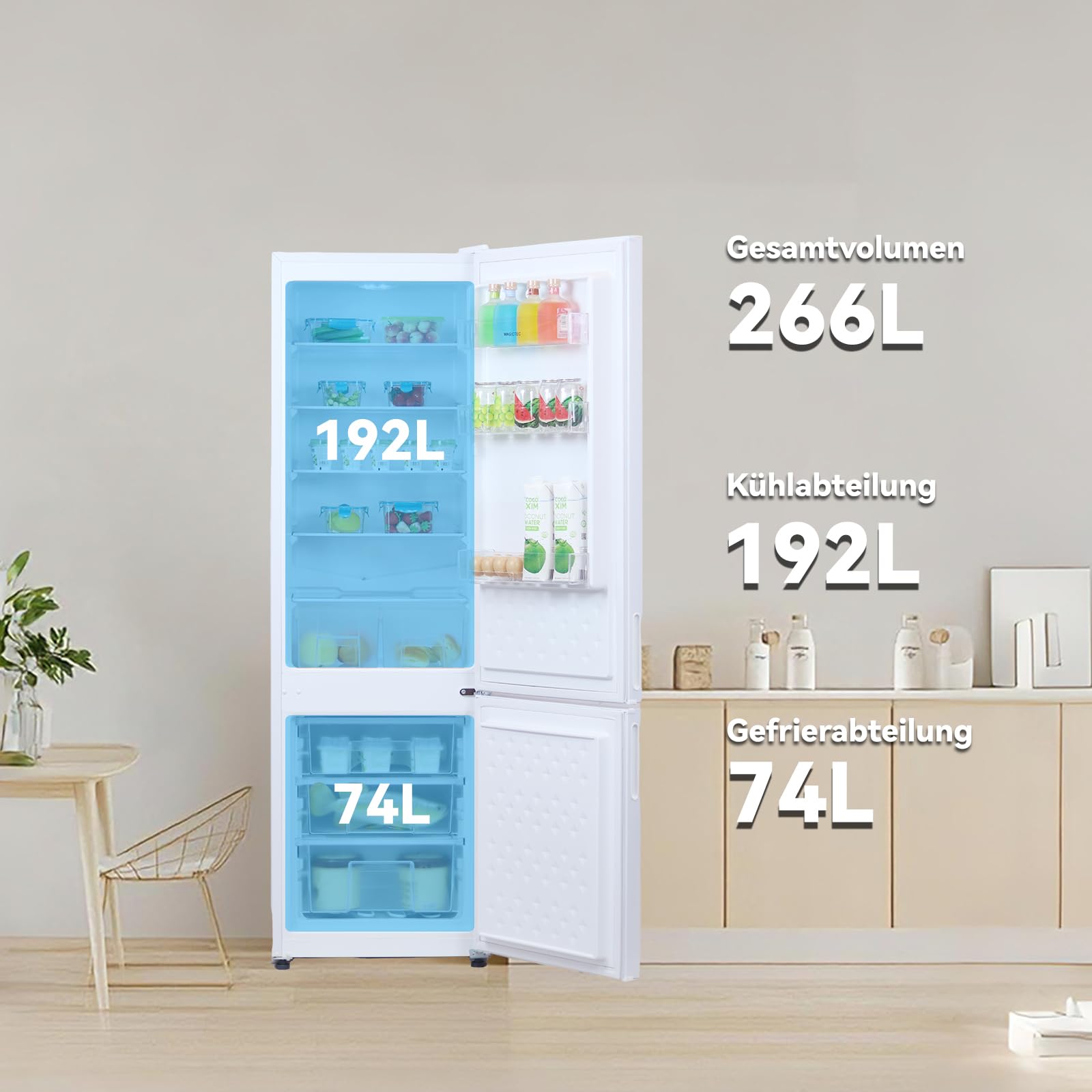 magictec MDRF266 Freistehender Kühlschrank mit Gefrierfach | 266L(192L/74L) | Kühl-Gefrierkombination | Low-frost | LED-Beleuchtung | Weiß